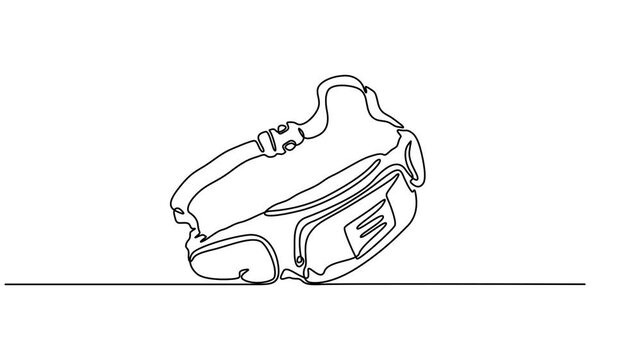 Fanny Pack Casual Style animation continuous one line drawing, full length animated single minimal style, Minimalist line art illustration of a modern fanny pack or waist bag,  Bag icon. Vector fanny.