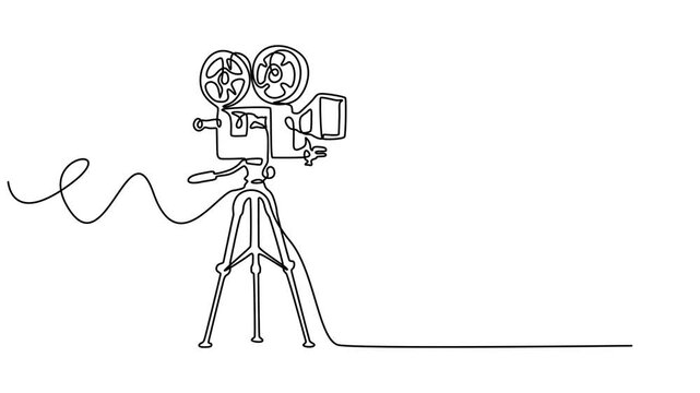 Animation Continuous one line drawing of a retro cinema camera. Vintage cinema camera isolated on a white background. Vector illustration, Video camera. Shooting, make a film, tape, memory. Capture.