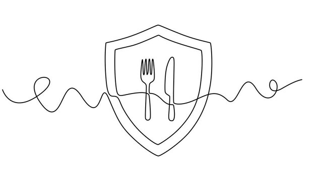 shield with fork and knife animation continuous one line drawing, full length animated single minimal style, Simple shield graphic with crossed knife and fork, food safety icon, ecological pure produc