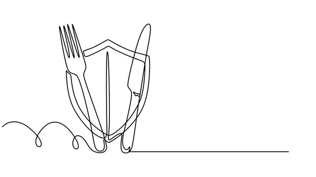 shield with fork and knife animation continuous one line drawing, full length animated single minimal style, Simple shield graphic with crossed knife and fork, food safety icon, ecological pure produc