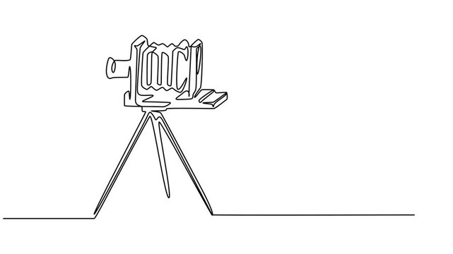 Animation Continuous one line drawing of a retro cinema camera. Vintage cinema camera isolated on a white background. Vector illustration, Video camera. Shooting, make a film, tape, memory. Capture.