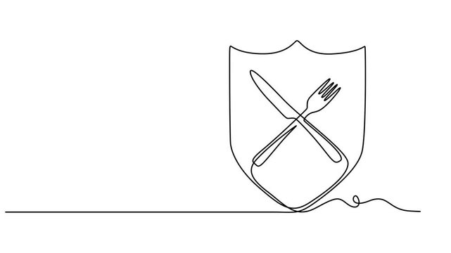shield with fork and knife animation continuous one line drawing, full length animated single minimal style, Simple shield graphic with crossed knife and fork, food safety icon, ecological pure produc