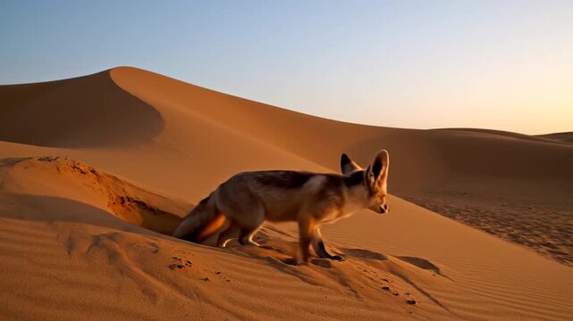 Fennec Fox Emerging From Desert Dune At Sunset