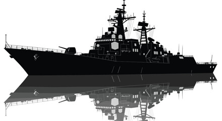 Naval warship silhouette, military ship, destroyer cruiser, radar masts, missile launchers, reflection on water, defense technology, combat vessel, black illustration artwork © Sadaqul