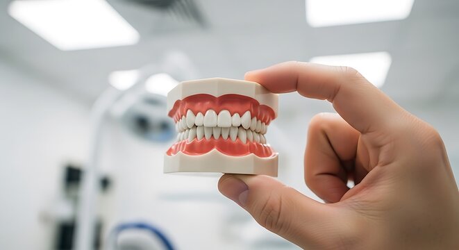 A detailed view of dental model showcasing upper and lower teeth alignment for orthodontic evaluation