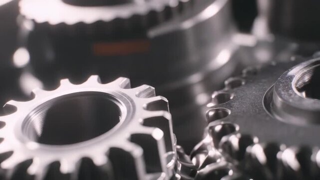 Detailed close up view of shiny metal gears moving together, symbolizing industrial machinery, technology development, and collaborative mechanical systems