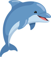 Obraz premium Happy blue dolphin leaping out of water, smiling with mouth open, isolated on white background, playful marine animal