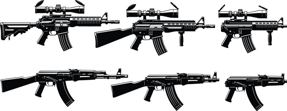 Rifle silhouettes, assault rifles, AK‑47 design, AR‑15 platform, tactical weapons, military firearms, combat equipment, defense technology, black illustration artwork