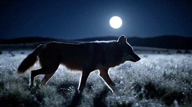 Maned wolf trots through moonlit field