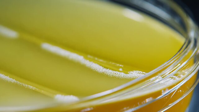 Petri dish with agar and visible bacterial colonies growing, close up of microbiology culture in a sterile laboratory setting for research, testing and medical analysis