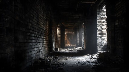 Fototapeta premium Blackened brick attic interior, rafters charred almost to dust, floor invisible under soot and splintered beams, shaft of light from broken gable