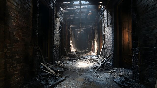 Abandoned burned theater auditorium with blackened brick proscenium and collapsed rafters, illuminated by moody beams through gaping ceiling holes