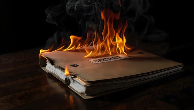 Towering pile of old letters and photographs burning in a fireplace, bright flames erase personal histories into grey ash