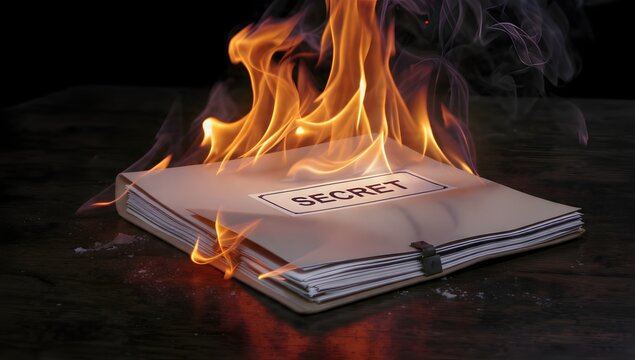 Secret file folder labeled SECRET engulfed in fire, dramatic light in darkness emphasizing the end of hidden records
