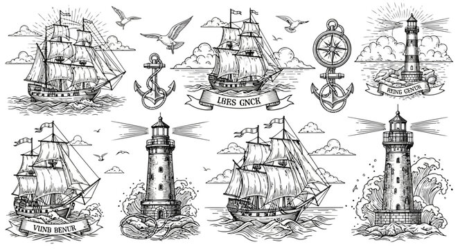 Vintage Nautical Engravings Set Featuring Sailing Ships Lighthouses Anchors Compasses and Maritime Navigation Elements in Antique Woodcut Style