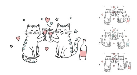 Happy Doodle Cats Toasting Wine Glasses with Hearts Illustration © Best Design_Academy
