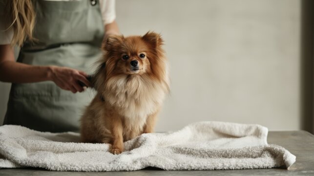 Well-groomed fluffy Pomeranian dog sitting on white towel at grooming salon table with female groomer brushing fur, professional pet care and dog beauty service concept with soft tones