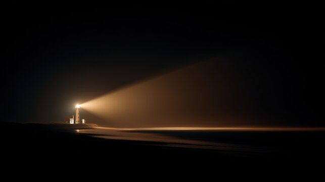 Lone lighthouse casting wide light beam across dark foggy sea at night, moody dramatic coastal landscape with copy space