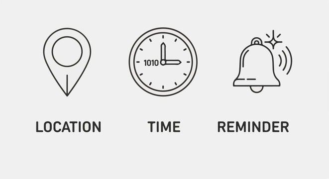 Line art icons for location, time, and reminder with text labels below