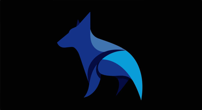 Abstract blue fox in geometric, low-poly style on black