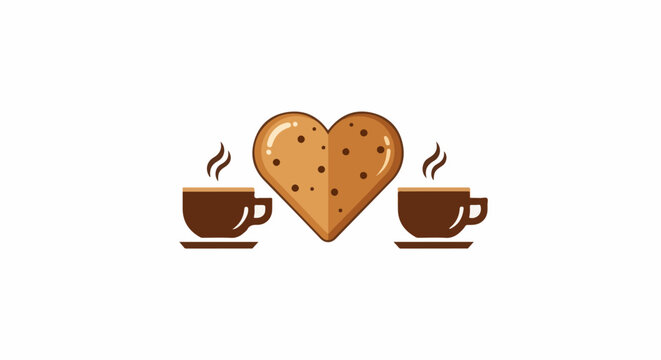 Two steaming cups of coffee flank a heart-shaped cookie on a white background