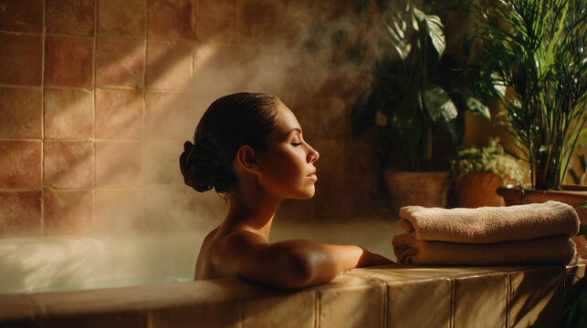 Woman leaning in minimalist bathtub with steam, beige towels and green plants, luxurious summer home spa film photography concept