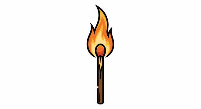 A close-up illustration of a single lit matchstick with a bright flame