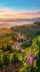 Naklejka premium Tuscan vineyard landscape at sunrise with rolling hills and a farmhouse