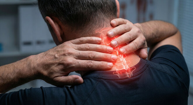 Close up of a man suffering from severe neck pain. Unrecognizable person holding aching cervical spine with red glowing highlight indicating muscle spasm and inflammation.