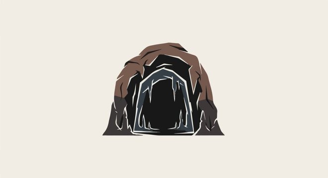 Stylized depiction of a dark, gaping cave entrance, with jagged edges and icy formations