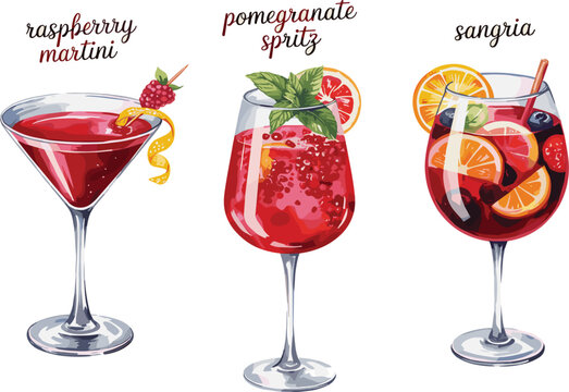 Red cocktail vector collection, raspberry martini, pomegranate spritz, and sangria with fresh fruit, on white