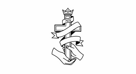Stylized cross with crown, banner, and cupped hands supporting