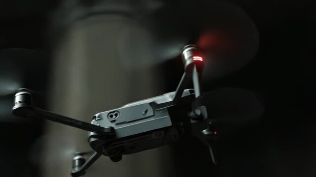 Advanced drone with camera flying between old stone arches of an architectural structure, capturing urban aerial footage and showcasing surveillance technology in a blend of past and present