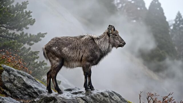 Japanese Serow Stands Sentinel on Misty Mountain Cliff