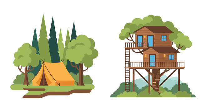 Camping tent and wooden treehouse vector set, outdoor forest glamping icons, wilderness adventure and nature retreat illustrations