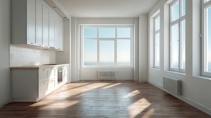 Obraz premium Bright and Spacious Modern Kitchen Interior with Large Windows Offering Stunning Ocean View and Natural Light