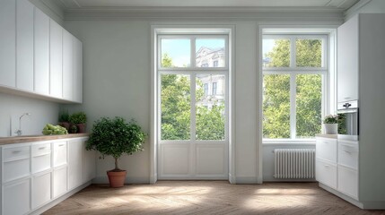 Fototapeta premium Bright and Spacious Modern Kitchen with Large Windows Overlooking Greenery in Sunlit Interior Design