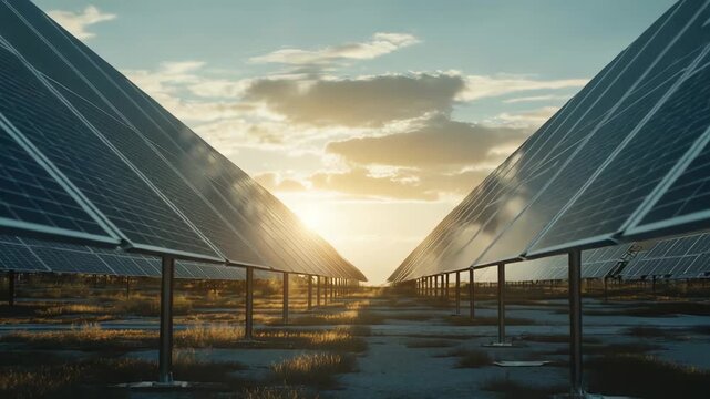 Solar panels stretching across a field at sunset, capturing the sun's rays and converting them into sustainable, renewable, and environmentally friendly electricity for a greener future