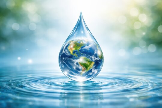 Water drop containing Earth globe over ripple surface. Clean water and sustainability concept for environment, conservation, climate and global resource protection