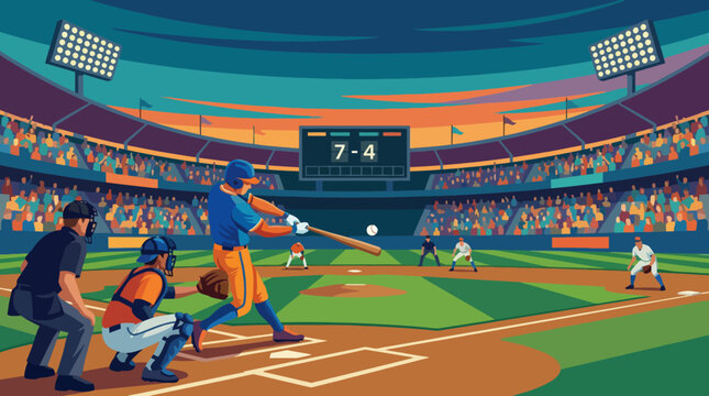 A thrilling baseball game captures the dynamic moment when a player swings the bat in a packed stadium, illuminated by bright lights, radiating excitement and competition.