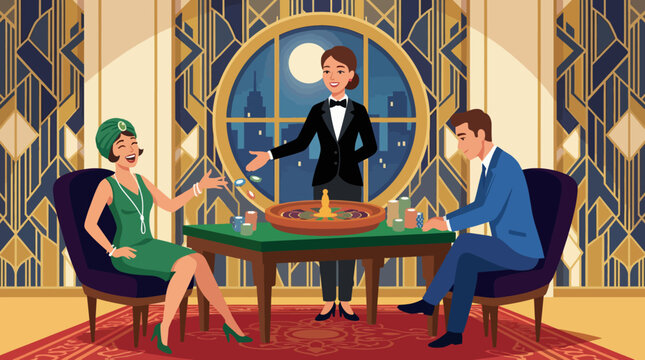 An elegant illustration of a casino scene featuring a dealer and two players at a roulette table, capturing the glamour and excitement of a luxurious nightlife experience.