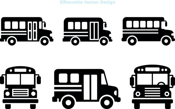Silhouette set of mini bus and student transport icons. Vector set of automotive school bus symbols for education. Local transit and van graphics. Professional vector illustration