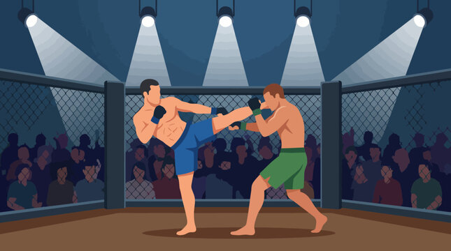 This dynamic illustration showcases a thrilling mixed martial arts match featuring two fighters in an action-packed environment, highlighting determination, competition, and athleticism.