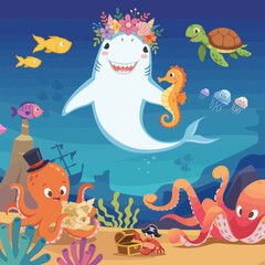 Obraz premium An adorable underwater illustration showcasing a happy shark, playful octopuses, and colorful fish, combined with vibrant colors and a treasure chest creating a fun atmosphere.