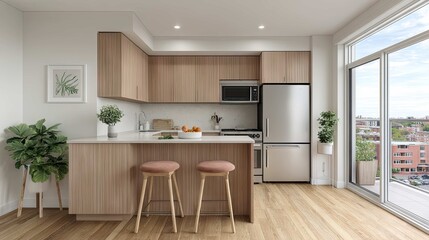 Fototapeta premium Modern Minimalist Kitchen Interior with Bright Natural Light and Stylish Wood Accents