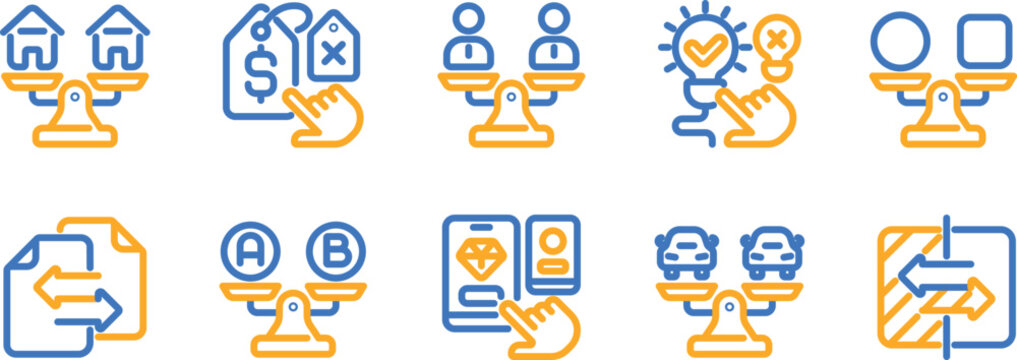 Illustrations of balance scales depicting various thematic comparisons and concepts