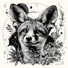 Fototapeta premium Detailed Hand-Drawn Doodle of a Fox Face With Large Ears and Fluffy Tail Surrounded by Flowers and Geometric Patterns in Black Ink on White