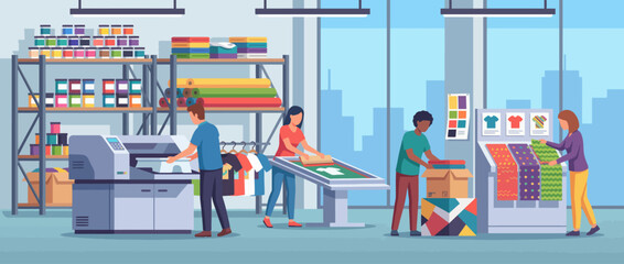 Explore the hustle of a contemporary print shop where professionals actively engage in printing, packing, and showcasing a variety of colorful products and materials. © Dachuan