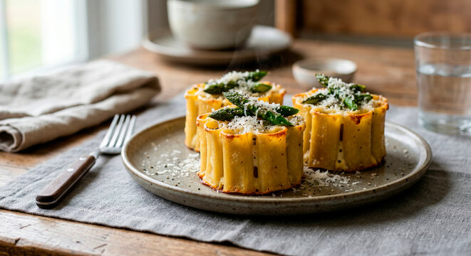 Baked paccheri pasta with asparagus and pecorino