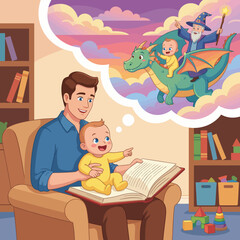 Obraz premium A heartwarming scene depicting a father reading a story to his baby, encouraging imagination and bonding through literature and play in a cozy home environment.